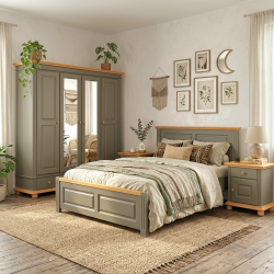 Dormitor SEVA 3 Lemn Masiv Verde Salvie – Pat + Dulap 4 Uși + 2 Noptiere