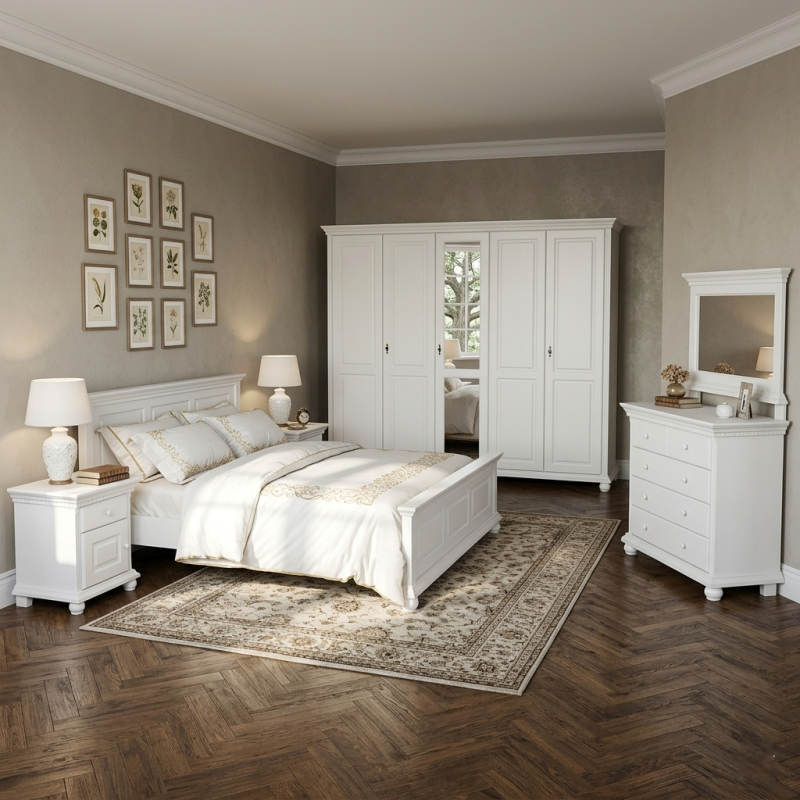 Dormitor Lemn masiv Bucov, Alb cu Natur  - Sofastil.ro