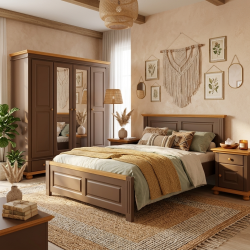 Dormitor SEVA 3 Lemn Masiv Terra Brown – Pat + Dulap 4 Usi + 2 Noptiere