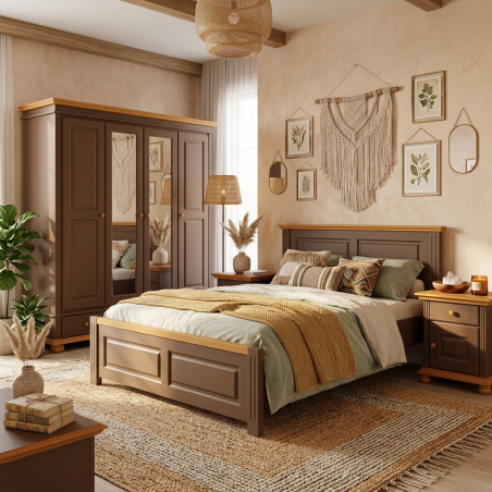 Dormitor SEVA 3 Lemn Masiv Terra Brown – Pat + Dulap 4 Usi + 2 Noptiere