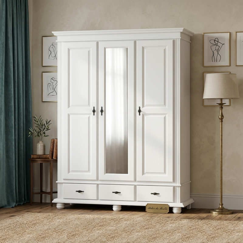 Dulap Lemn Masiv SEVA 3 Uși Oglindă Alb | Sofastil.ro