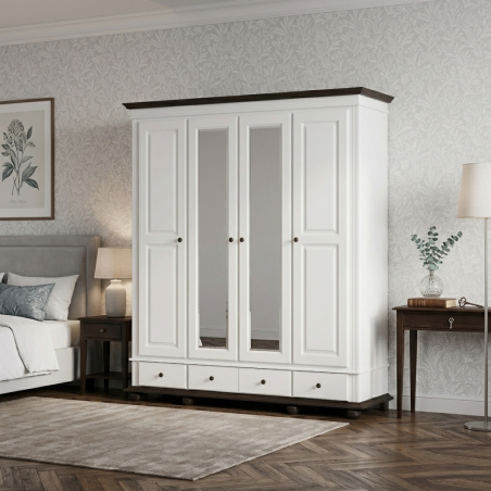 Dulap SEVA 4 uși lemn masiv alb cu nuc 197 cm