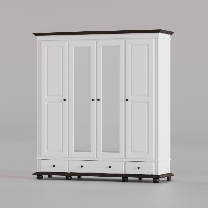 Dulap SEVA 4 uși lemn masiv alb cu nuc 197 cm