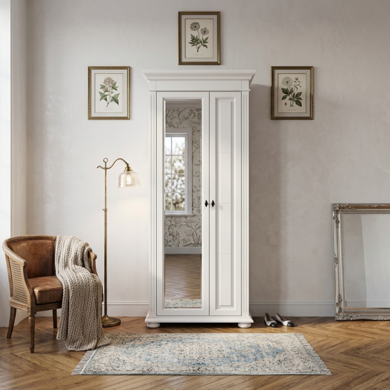 Dulap Vero cu Oglindă 2 Uși Lemn Masiv Alb – 87x41x200 cm