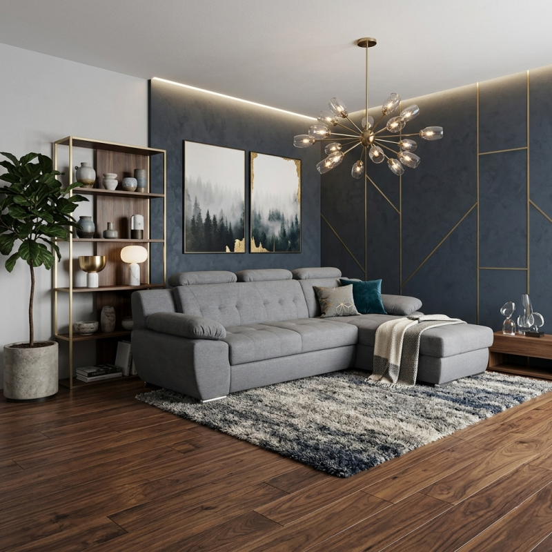 Colțar extensibil Luis modern cu tetiere reglabile și ladă