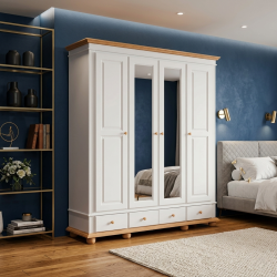 Dulap lemn masiv dormitor 4 uși cu oglindă – sifonier mare Seva