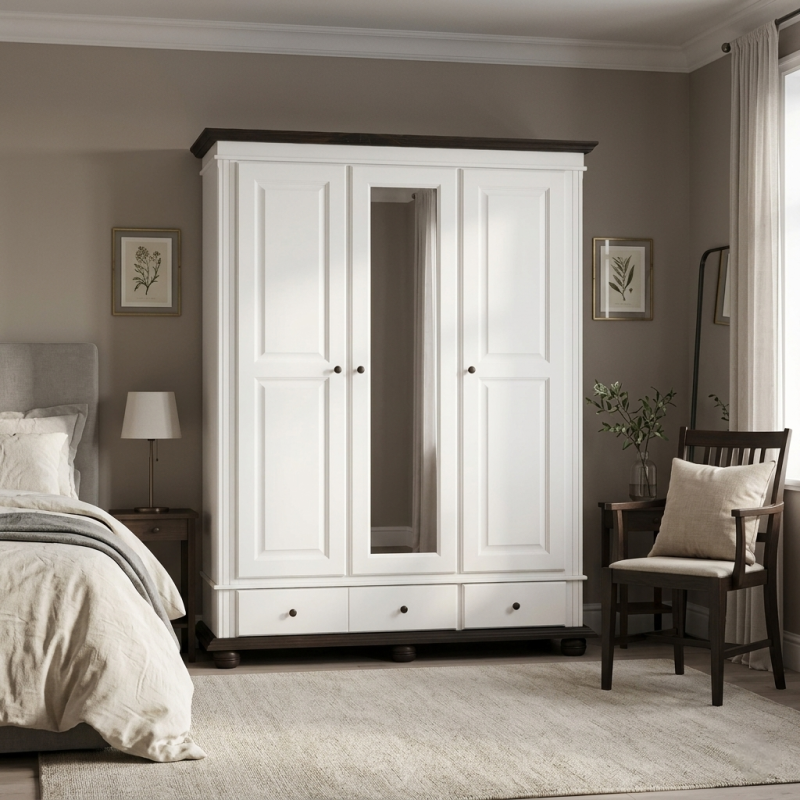 Dulap lemn masiv 3 uși dormitor – dulap cu sertare Seva