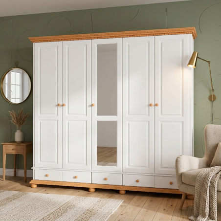 Dulap Bucov din Lemn Masiv, cu sertare si 5 usi, finisaj Alb cu Natur