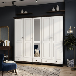 Dulap lemn masiv cu 5 usi si sertare, Bucov, finisaj alb cu nuc