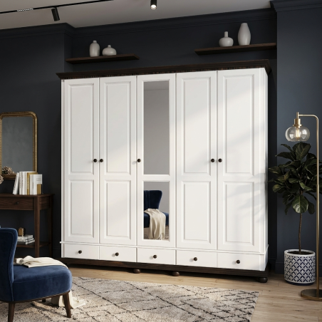 Dulap lemn masiv cu 5 usi si sertare, Bucov, finisaj alb cu nuc