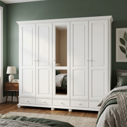 Dulap cu 5 usi si sertare Bucov, lemn masiv, finisaj Alb