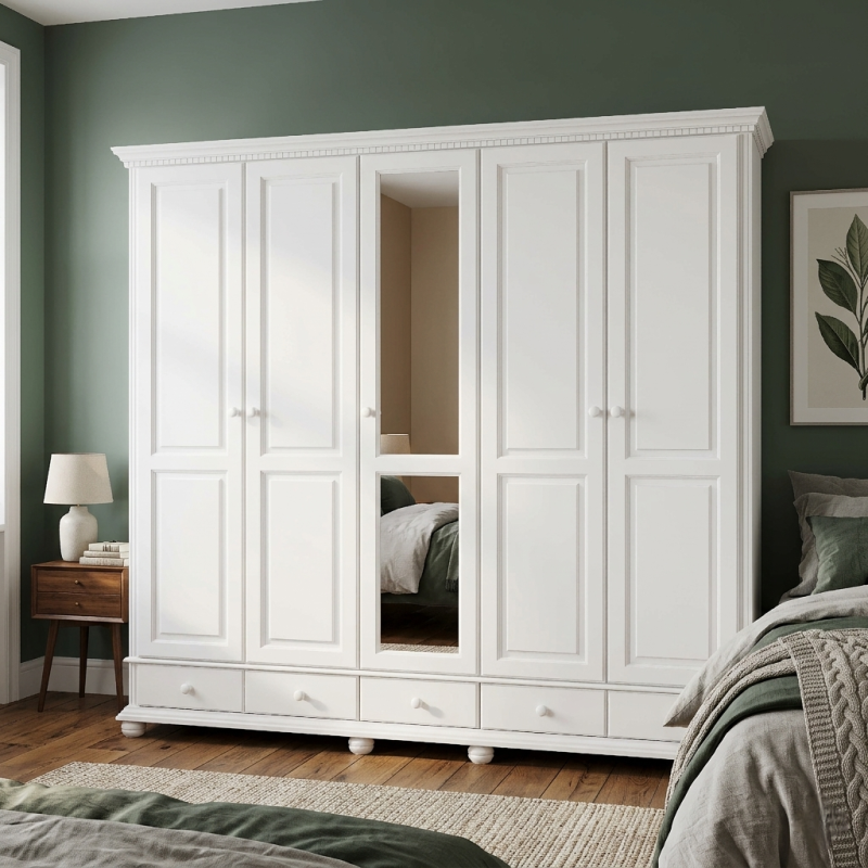 Dulap cu 5 usi si sertare Bucov, lemn masiv, finisaj Alb