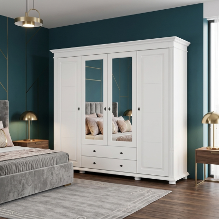 Dulap lemn masiv 4 uși cu oglindă și sertare – dulap complet Mara