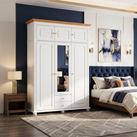 Dulap lemn masiv 3 uși cu oglindă, sertare și suprapozabil – Mara