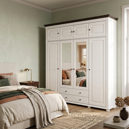 Dulap lemn masiv 4 uși Mara cu oglindă și suprapozabil, 2 sertare – dulap dormitor 240 cm