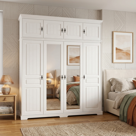 Dulap lemn masiv 4 uși cu oglindă și suprapozabil – dulap elegant Cleo