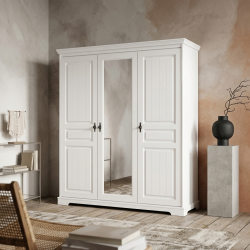 Dulap CLEO lemn masiv cu 3 usi si oglinda, finisaj Alb