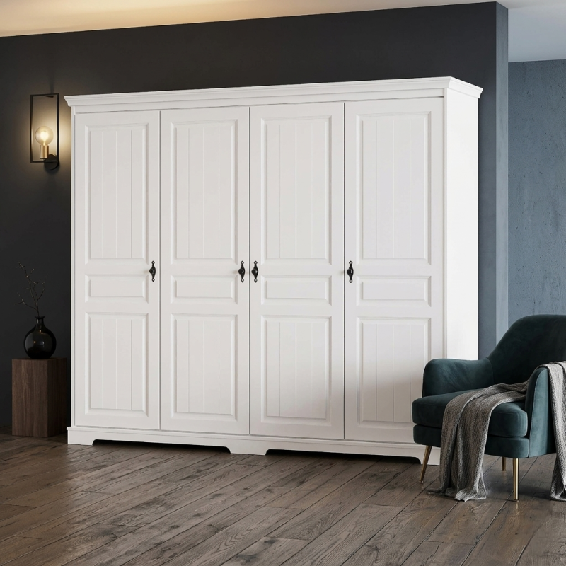 Dulap lemn masiv 4 uși alb – dulap clasic elegant Cleo