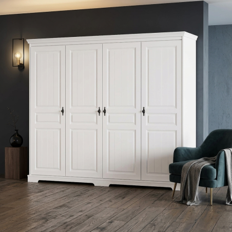 Dulap lemn masiv 4 uși alb – dulap clasic elegant Cleo