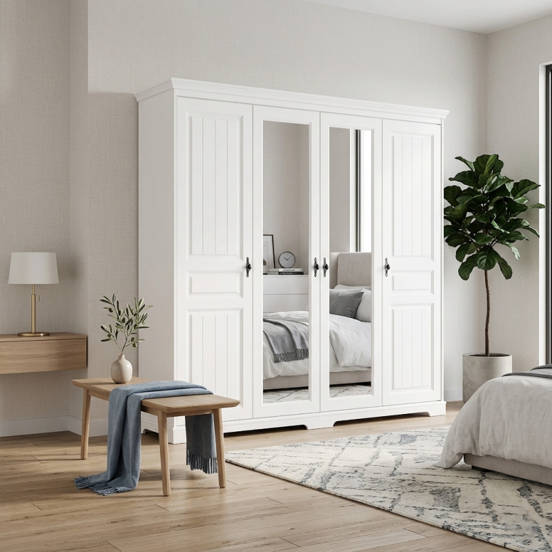 Dulap lemn masiv 4 uși cu oglindă – dulap elegant Cleo