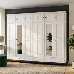 Dulap lemn masiv 6 uși SEVA cu oglindă și suprapozabil – dulap foarte mare | Sofastil