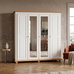 Dulap SEVA 4 Uși Lemn Masiv,  Alb, Nuc, Natur - Calitate