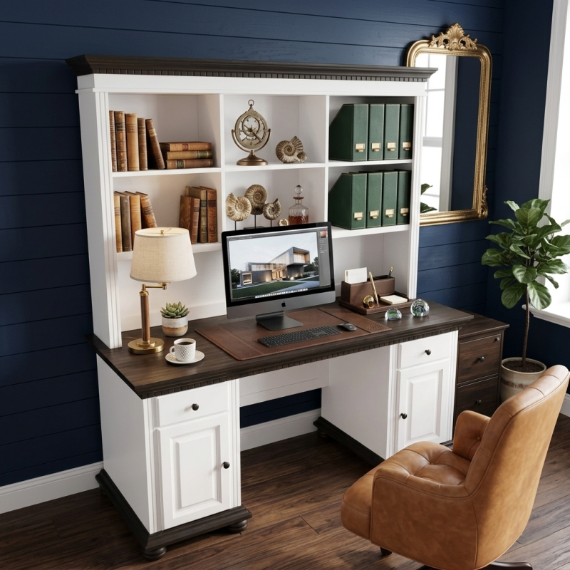 Birou lemn masiv BUCOV dublu cu etajera