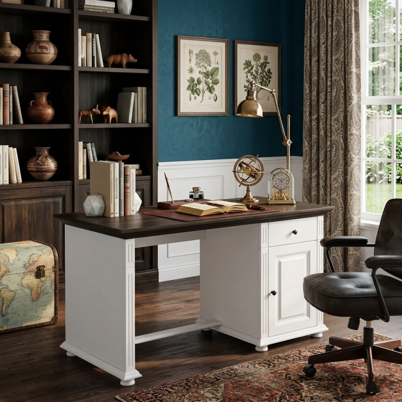 Birou MARA lemn masiv, finisaj alb cu nuc