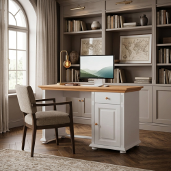 Birou lemn masiv MARA, 1 corp, finisaj alb cu natur