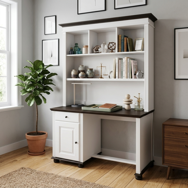 Birou lemn masiv Seva cu etajeră – compact și modern