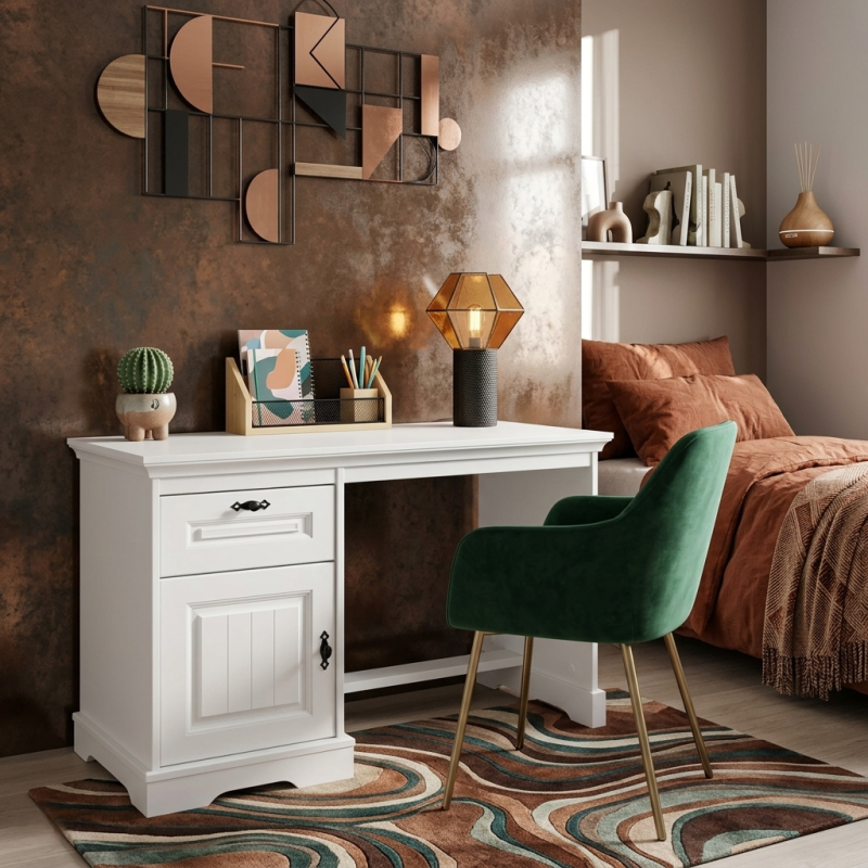 Birou lemn masiv CLEO, 1 corp, finisaj alb