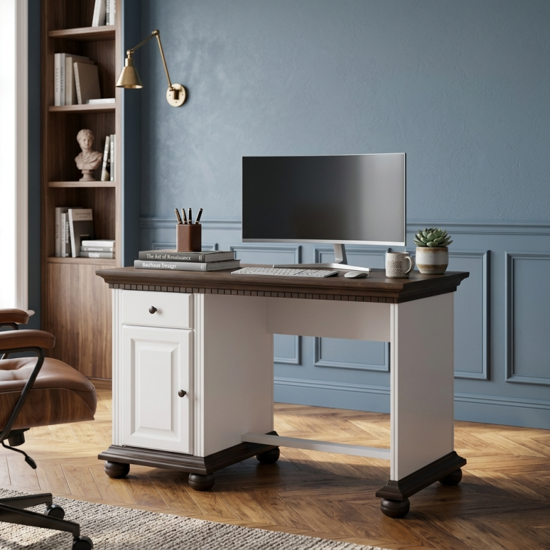 Birou mic lemn masiv Bucov finisaj alb cu nuc – compact și elegant