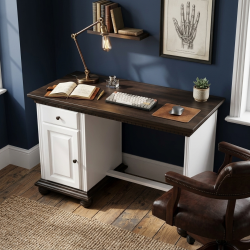 Birou mic lemn masiv Bucov finisaj alb cu nuc – compact și elegant