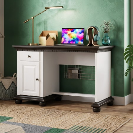 Birou mic lemn masiv Bucov finisaj alb cu nuc – compact și elegant