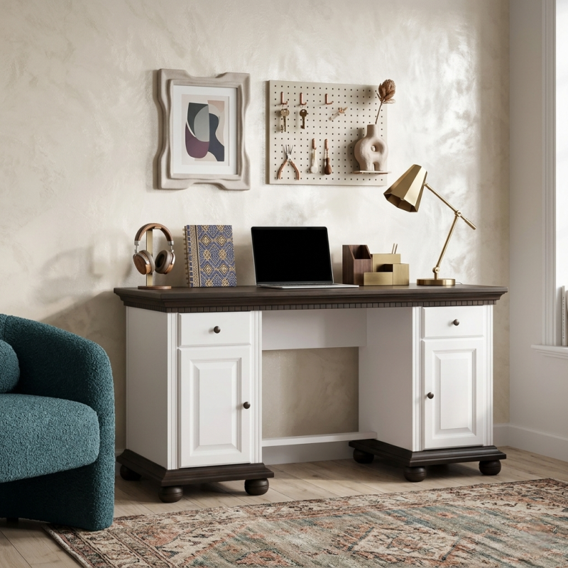 Birou mare lemn masiv Bucov Alb cu Nuc – spațios și elegant