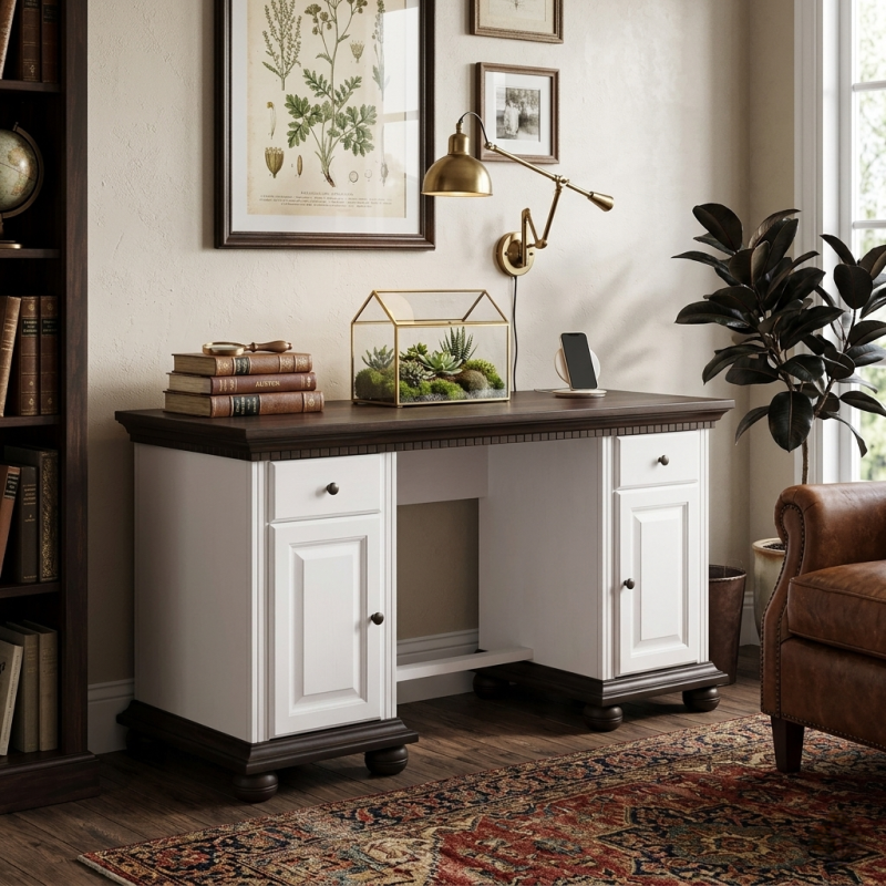 Birou mare lemn masiv Bucov Alb cu Nuc – spațios și elegant