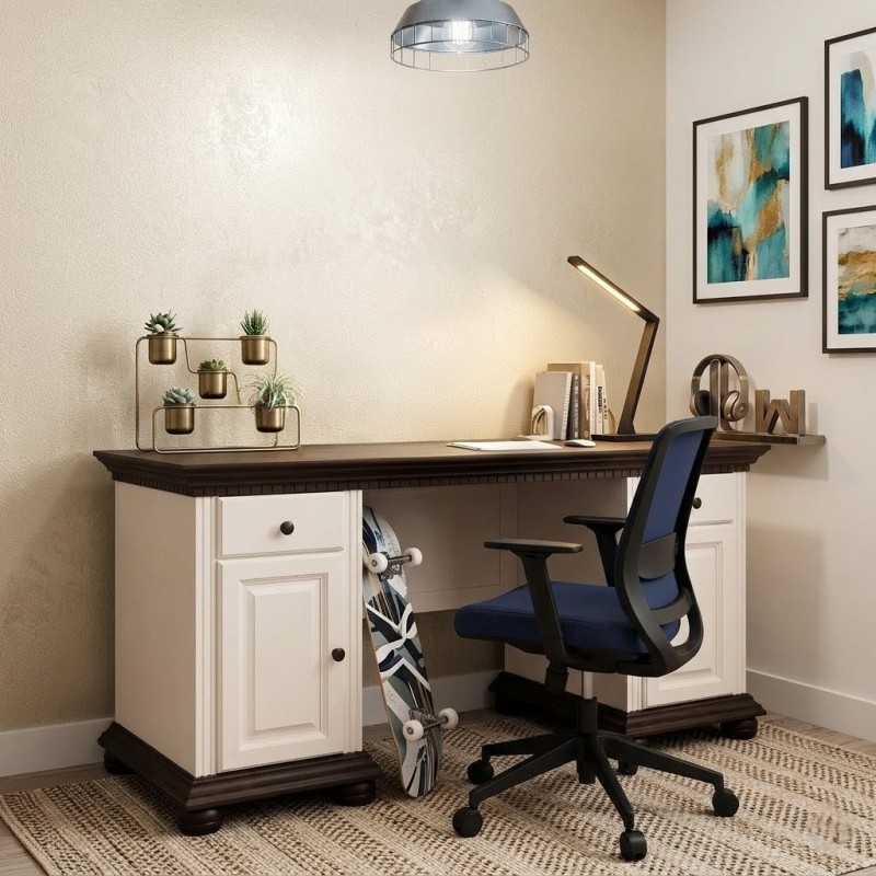 Birou mare lemn masiv Bucov Alb cu Nuc – spațios și elegant