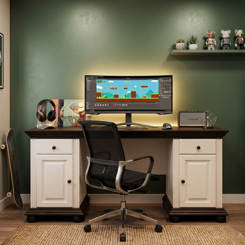 Birou mare lemn masiv Bucov Alb cu Nuc – spațios și elegant