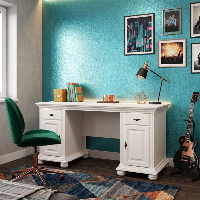 birou bucov dublu din lemn masiv finisaj alb