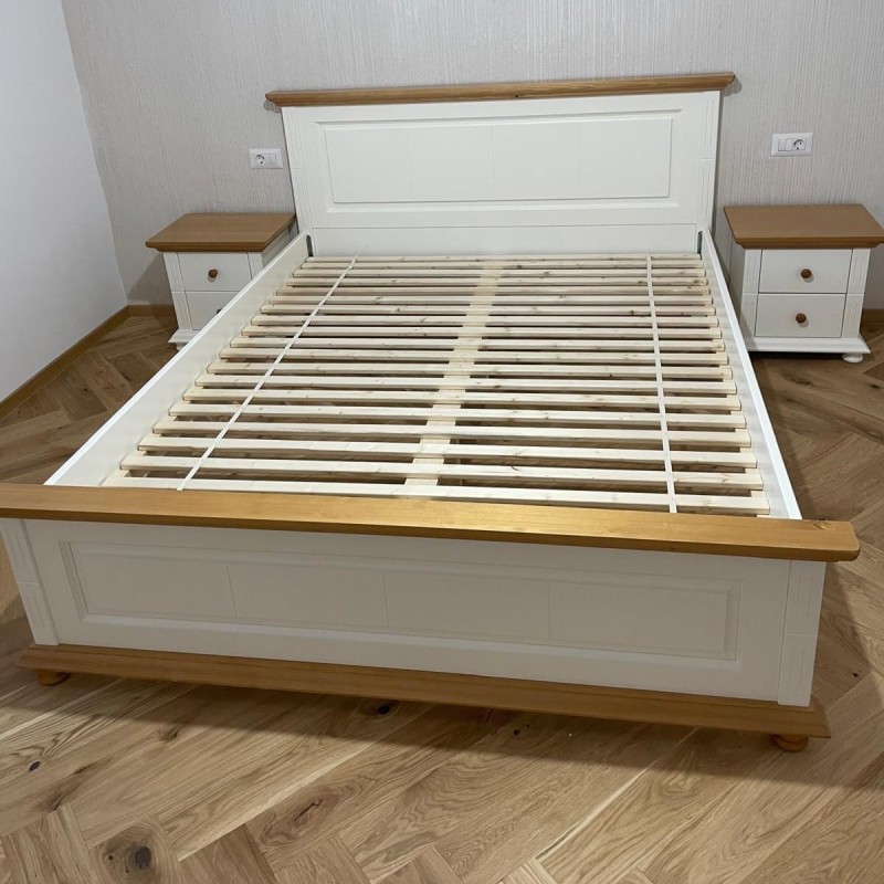 Pat lemn masiv 180x200 Mara alb cu nuc – pat matrimonial king size rezistent
