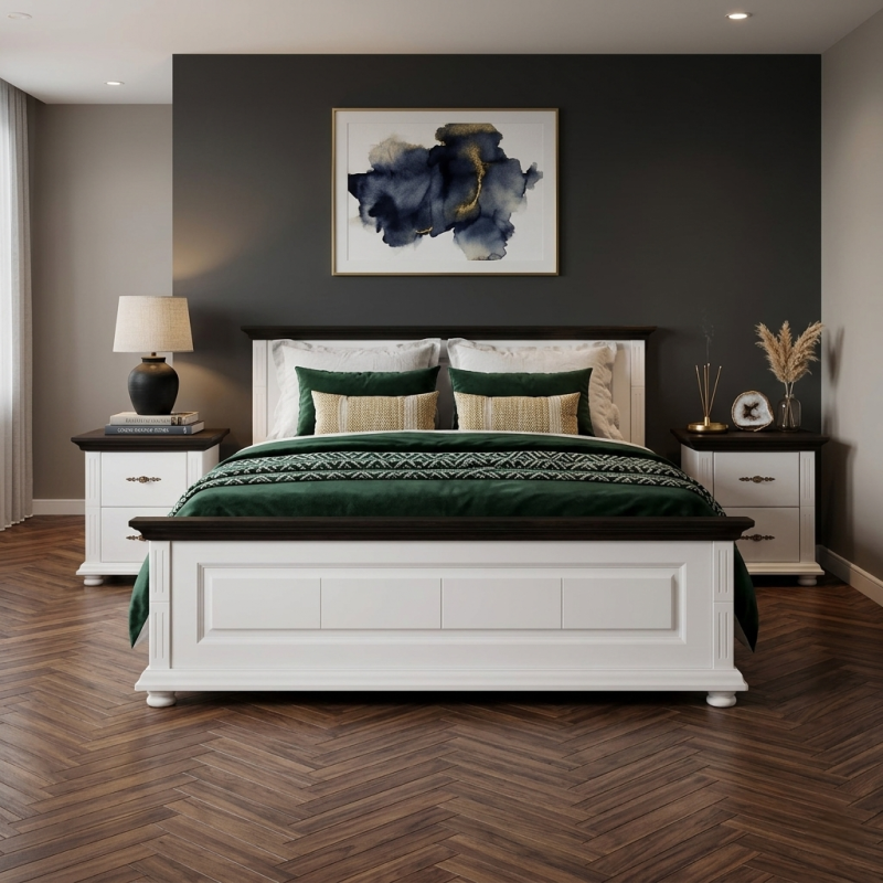 Pat lemn masiv 180x200 Mara alb cu nuc – pat matrimonial king size rezistent