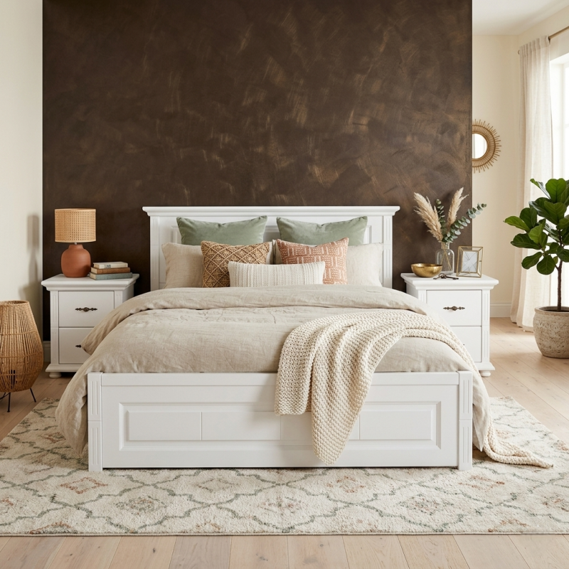 Pat lemn masiv 180x200 Mara tăblie mică – pat king size stabil pentru spații mici