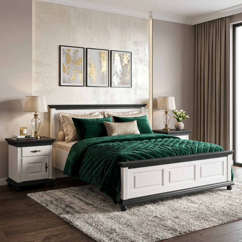 Pat lemn masiv 180x200 Bucov – pat king size premium din lemn finisaj alb cu nuc