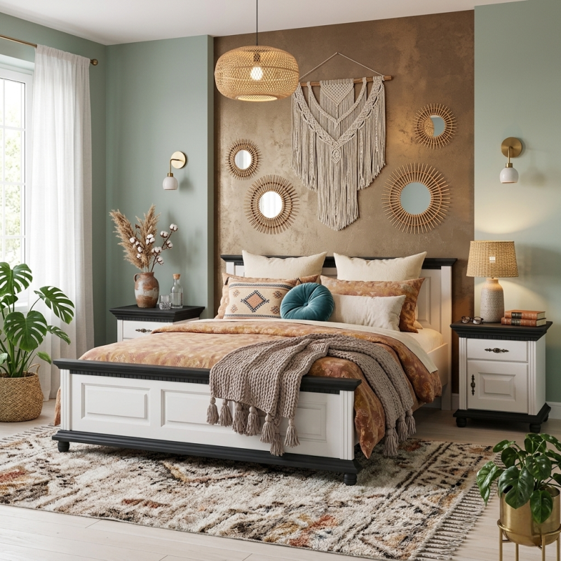 Pat lemn masiv 180x200 Bucov – pat king size premium din lemn finisaj alb cu nuc