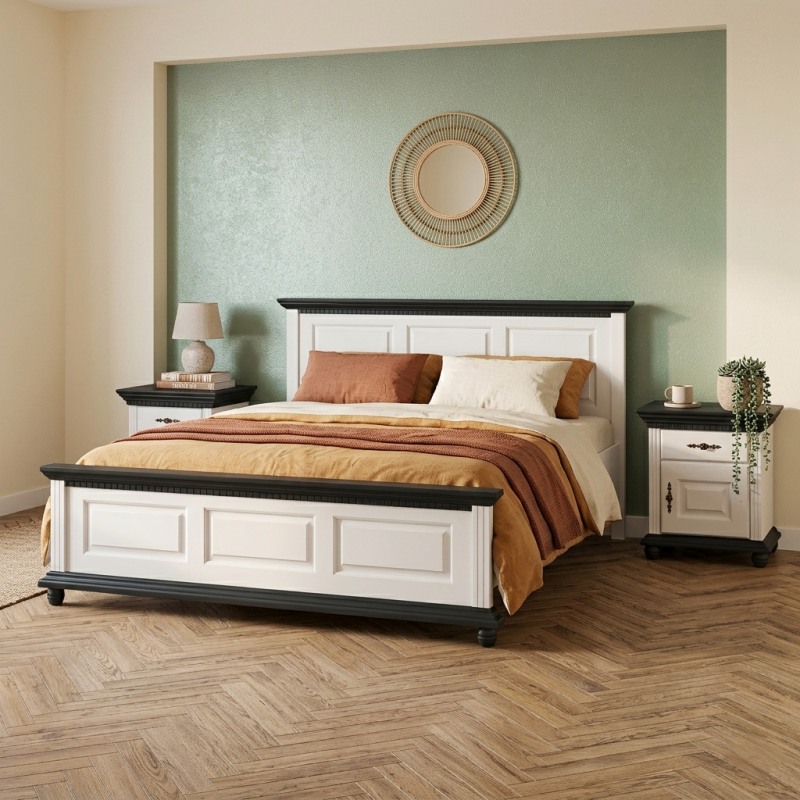 Pat lemn masiv 180x200 Bucov – pat king size premium din lemn finisaj alb cu nuc