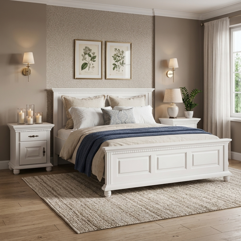 Pat lemn masiv 160x200 Bucov alb – pat matrimonial solid și elegant