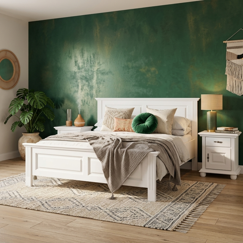 Pat lemn masiv 140x200 Seva – alb, alb cu natur sau nuc, design modern aerisit