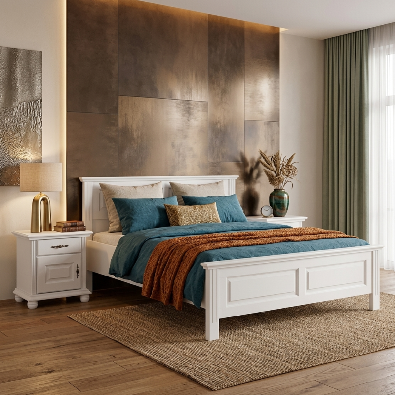 Pat lemn masiv 140x200 Seva – alb, alb cu natur sau nuc, design modern aerisit