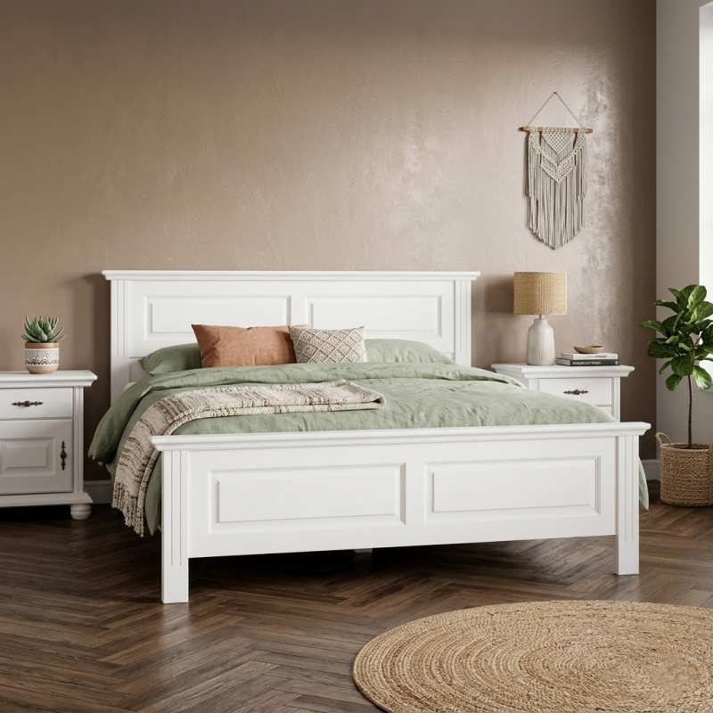 Pat lemn masiv 140x200 Seva – alb, alb cu natur sau nuc, design modern aerisit