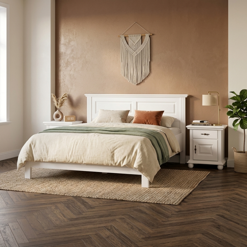 Pat lemn masiv 140x200 Seva – alb, alb cu natur sau nuc, design modern aerisit